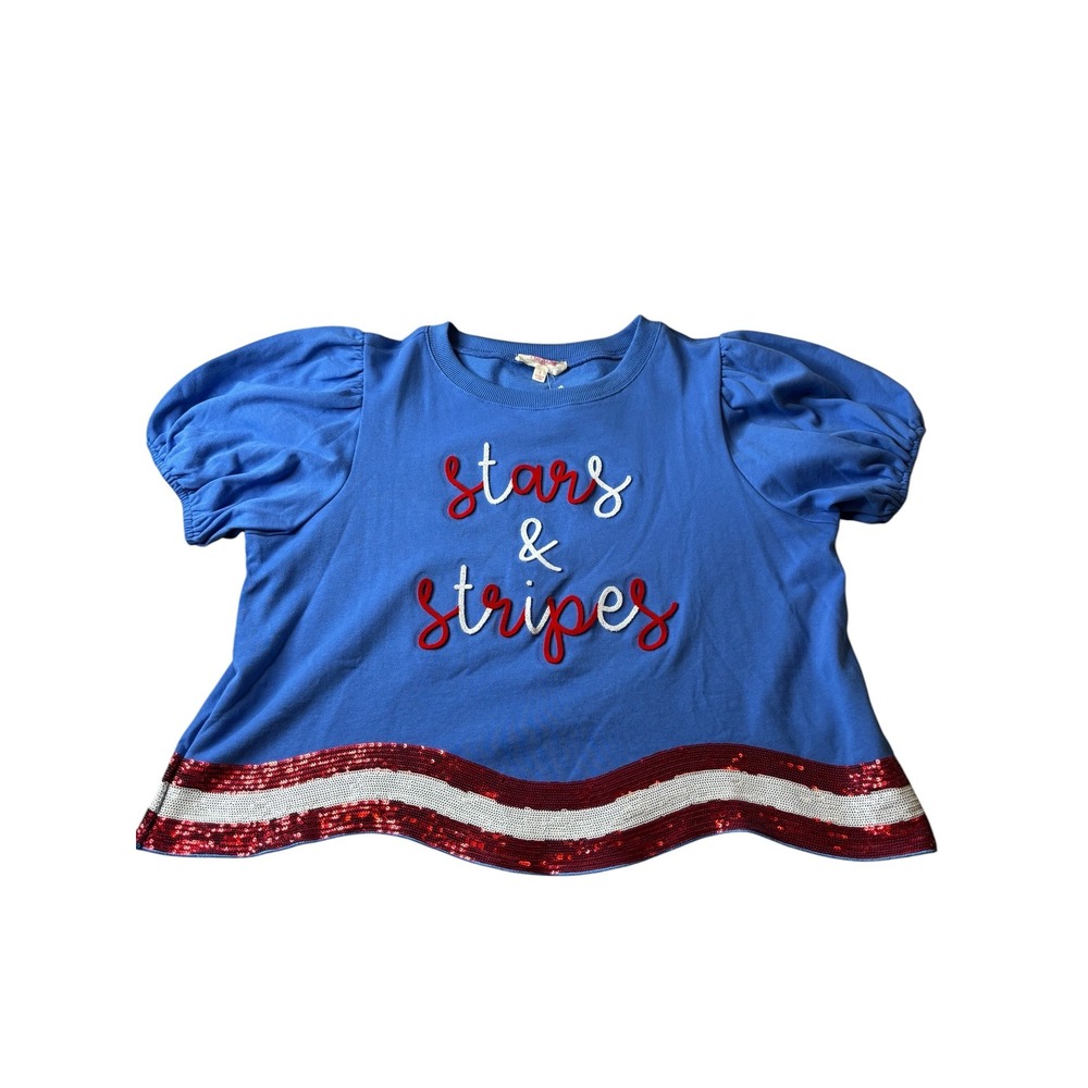 Peach Love California Stars & Stripes Sequin Puff Sleeve Sweatshirt Blue Women L
